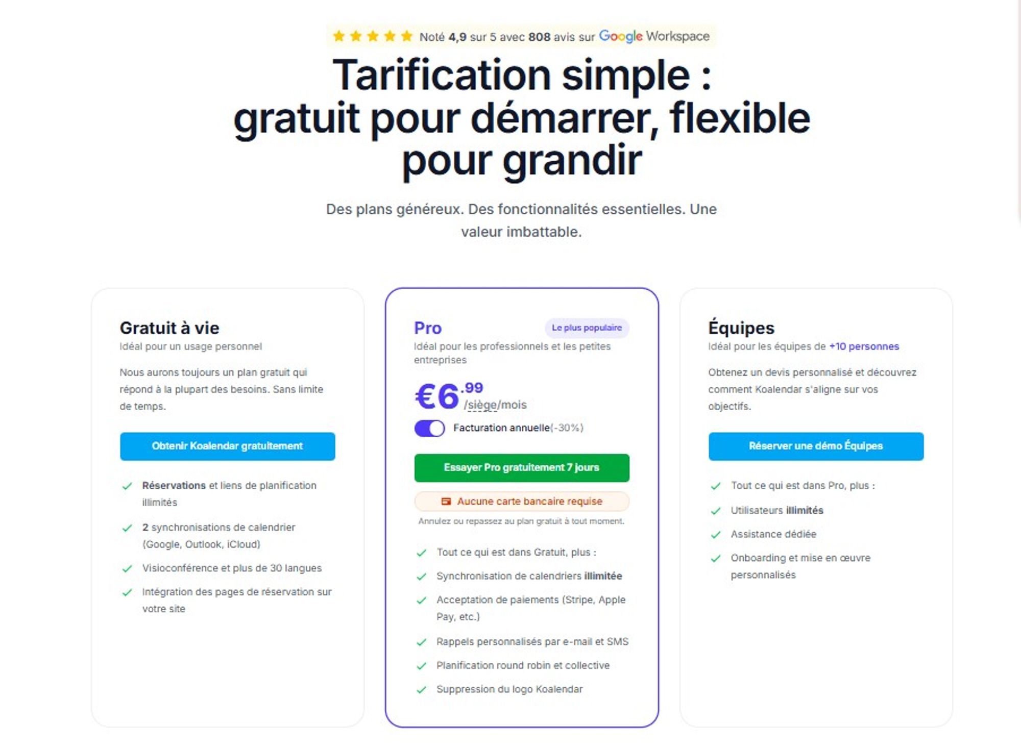 tarifs du logiciel de planification Koalendar